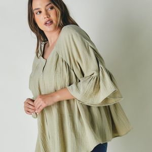 Plus Solid V Neck Button Down Top